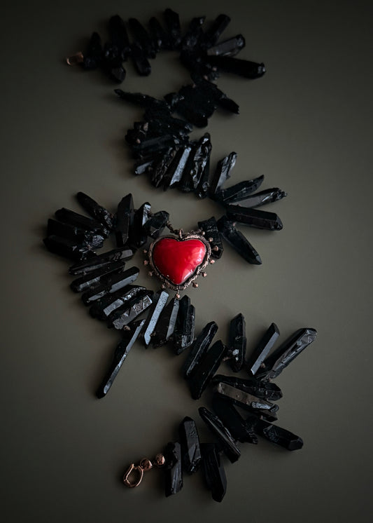 Handmade black quartz and red glass heart necklace with rose gold closure, Ebbijoux, one of a kind