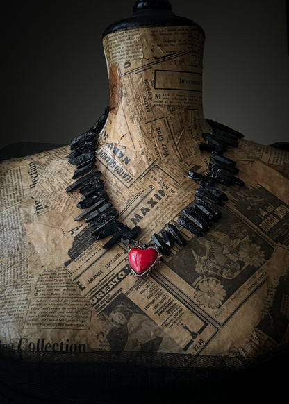 Unique handcrafted necklace with black quartz and red heart pendant, made in Italy, ~50cm
