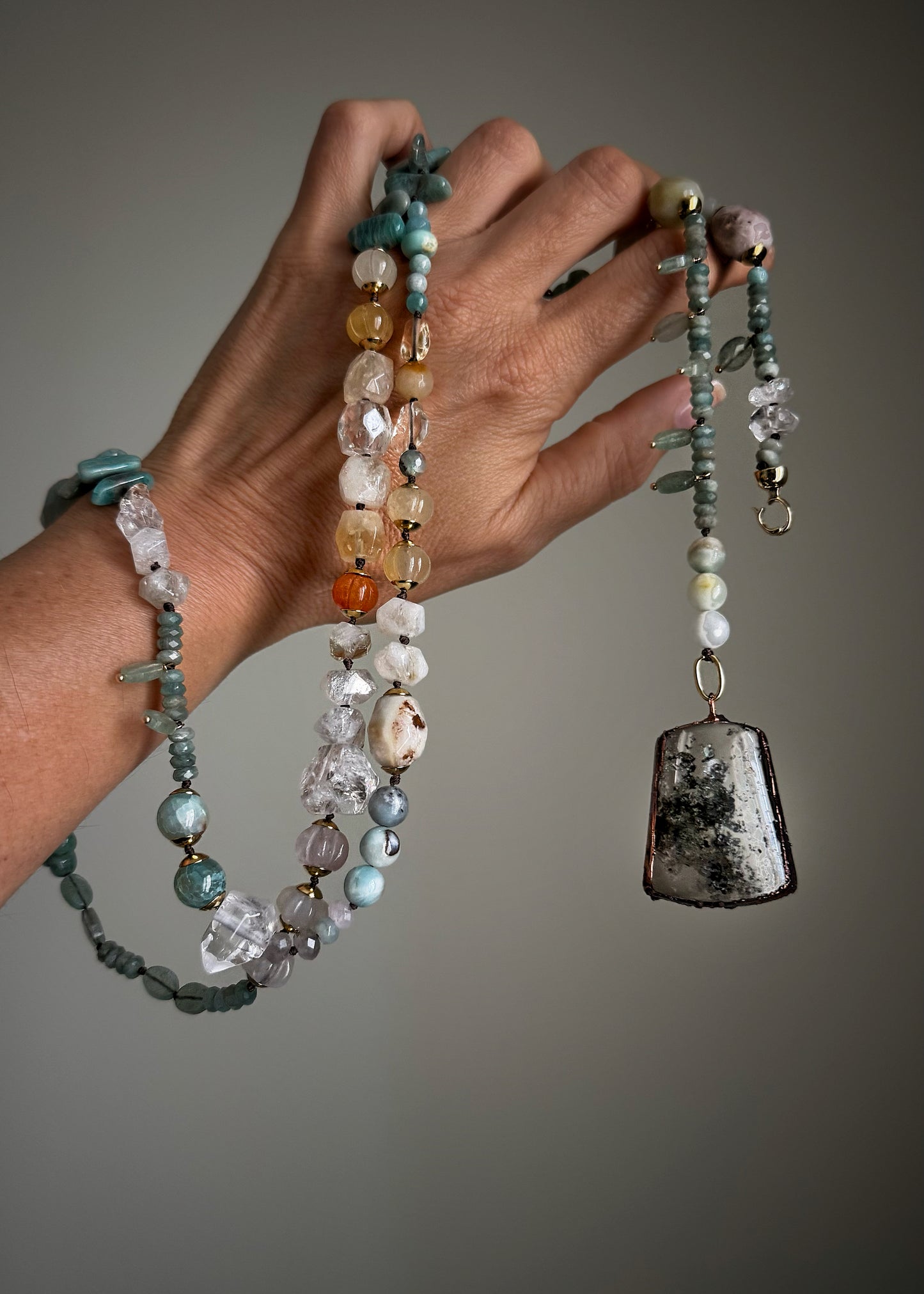 Long Necklace with Lodolite Quartz Pendant – One of a Kind