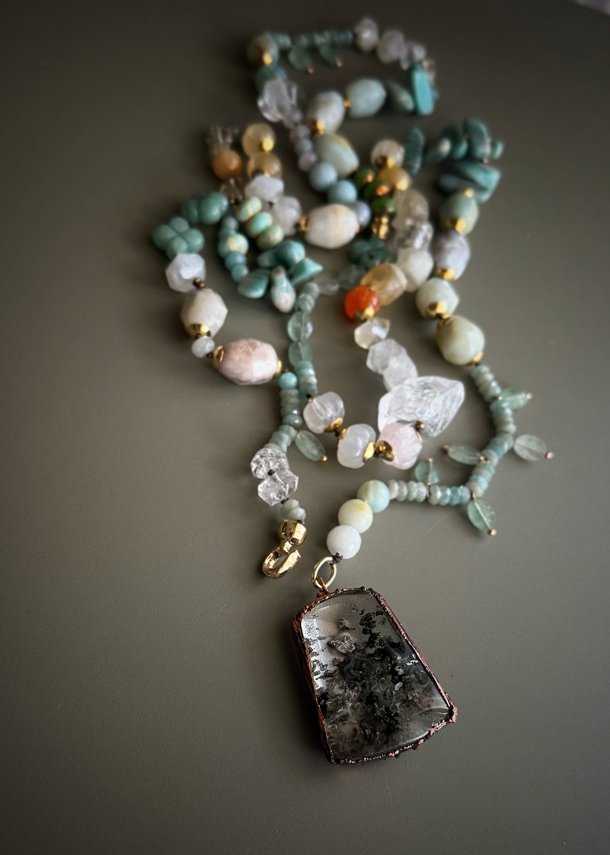 Long Necklace with Lodolite Quartz Pendant – One of a Kind
