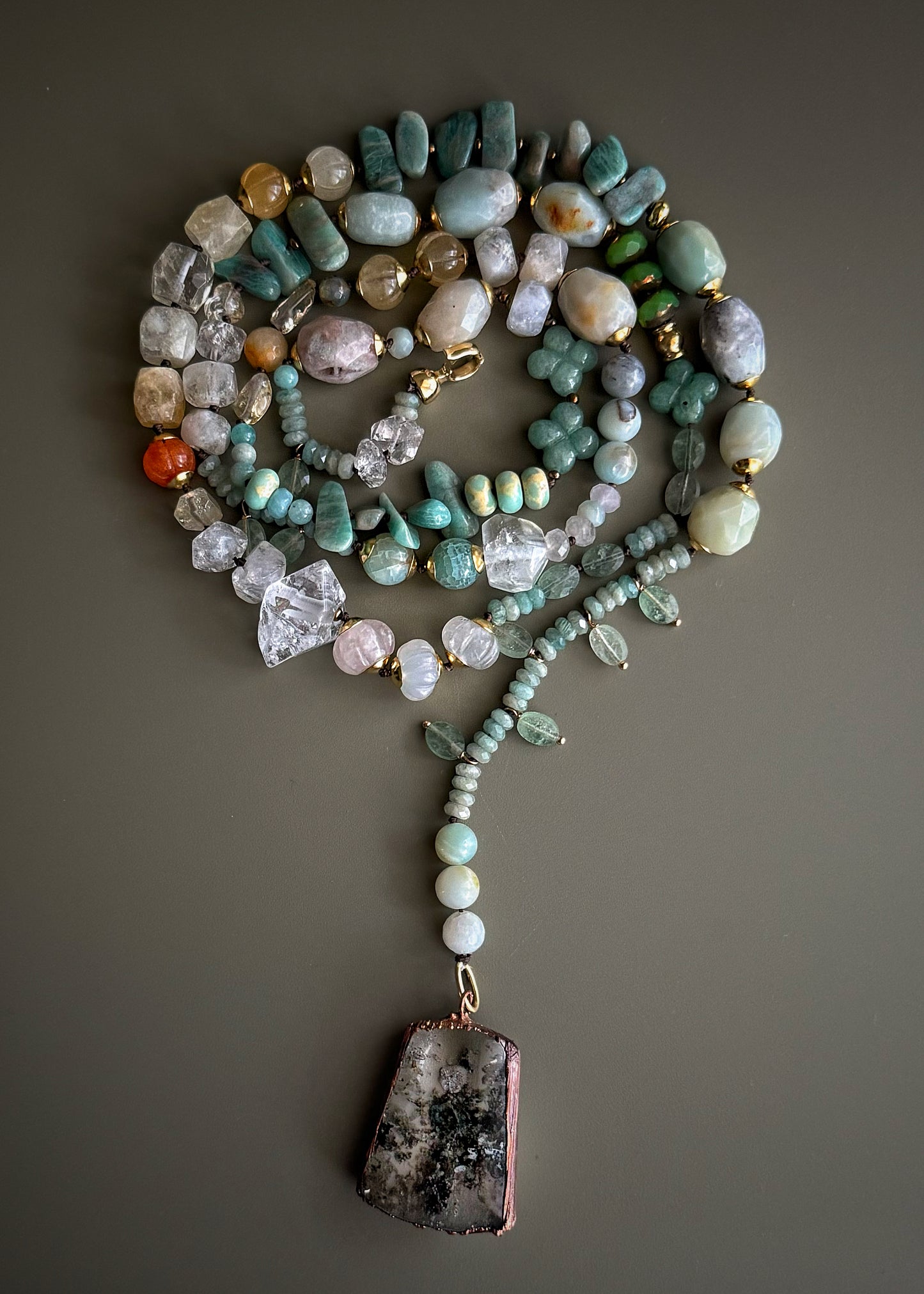 Long Necklace with Lodolite Quartz Pendant – One of a Kind