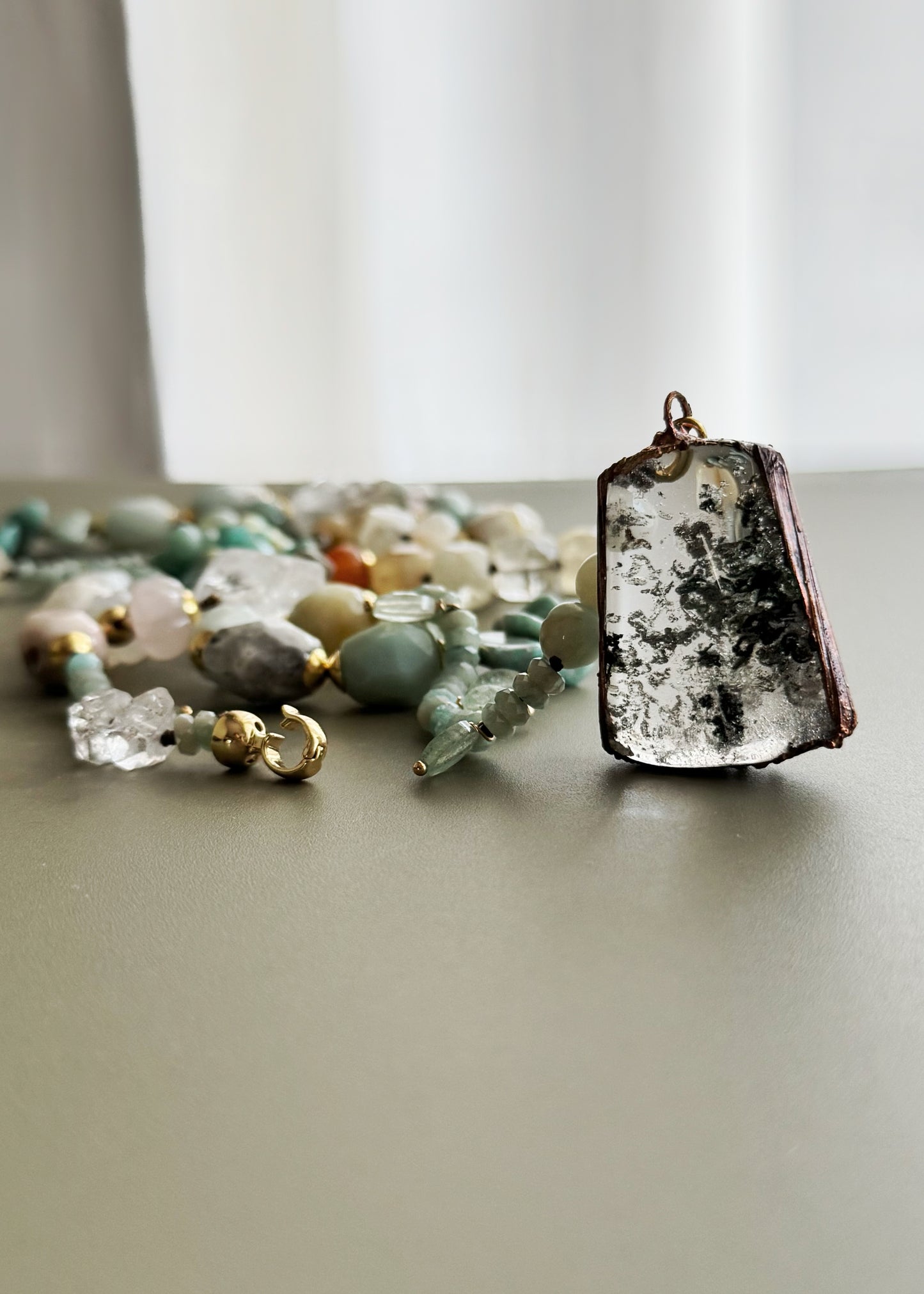Long Necklace with Lodolite Quartz Pendant – One of a Kind