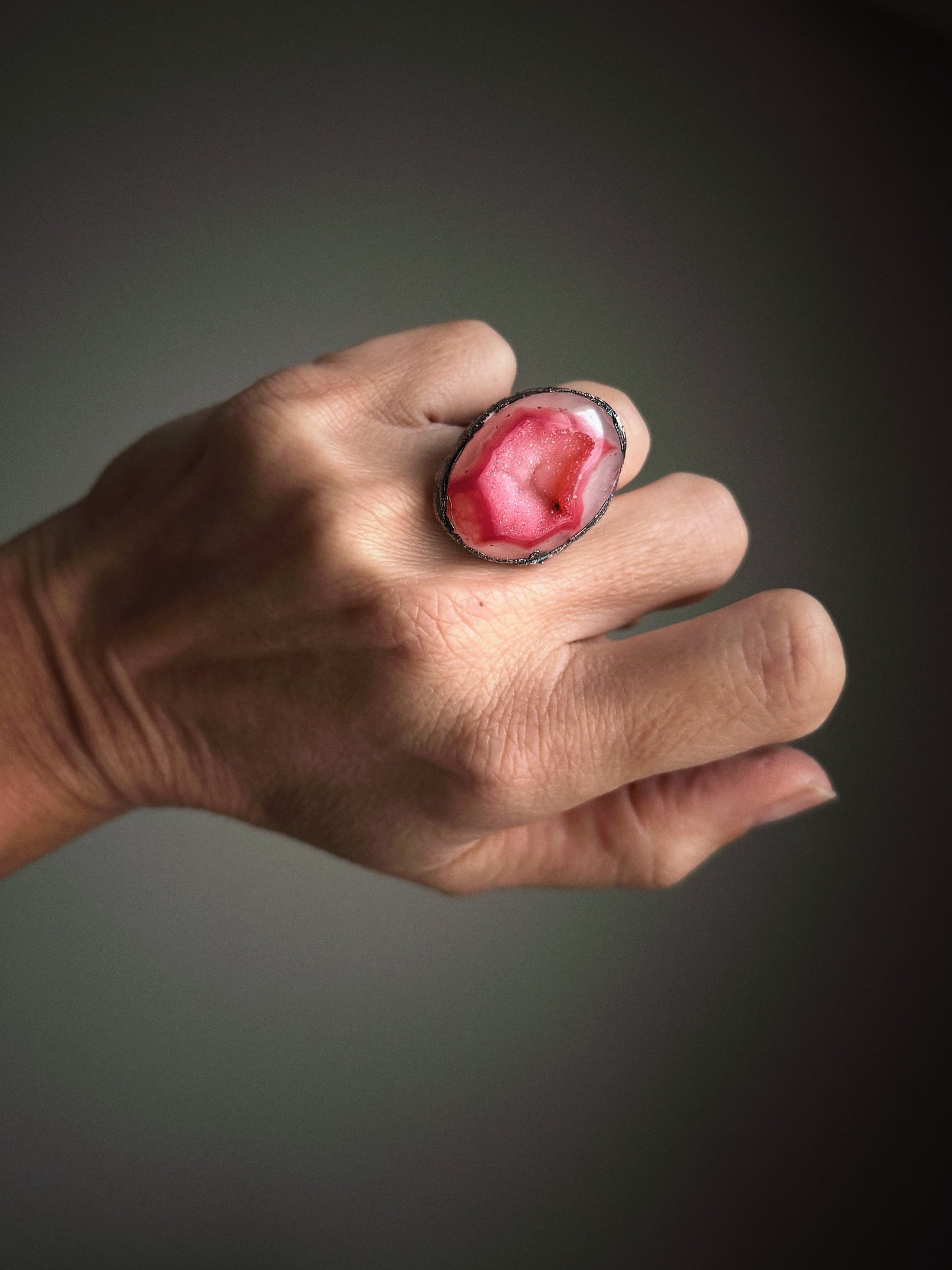Burnished Copper Ring with Red Agate Geode - Size 6 US (16mm)