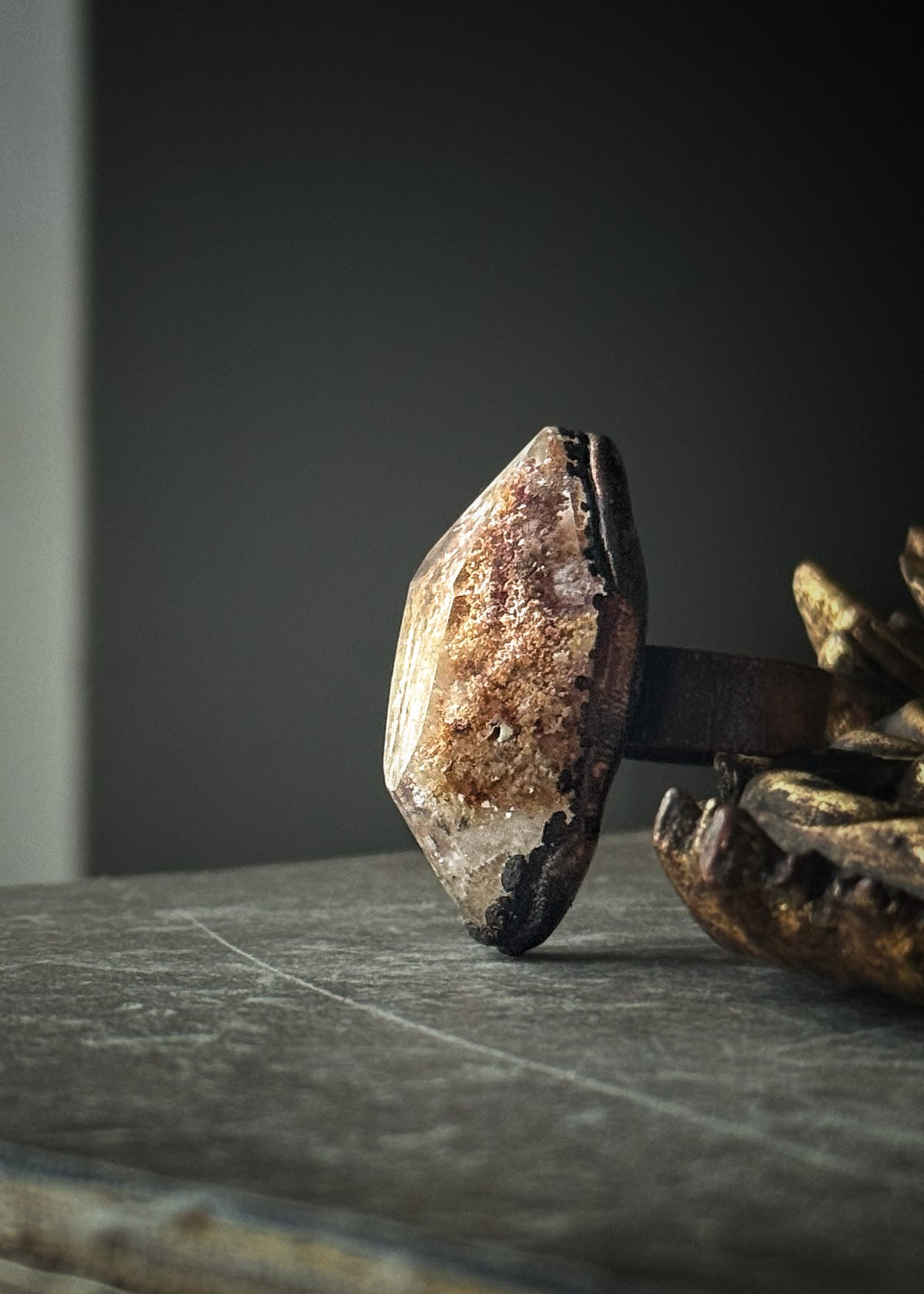 Copper ring with faceted Lodolite Quartz—Size 8 US