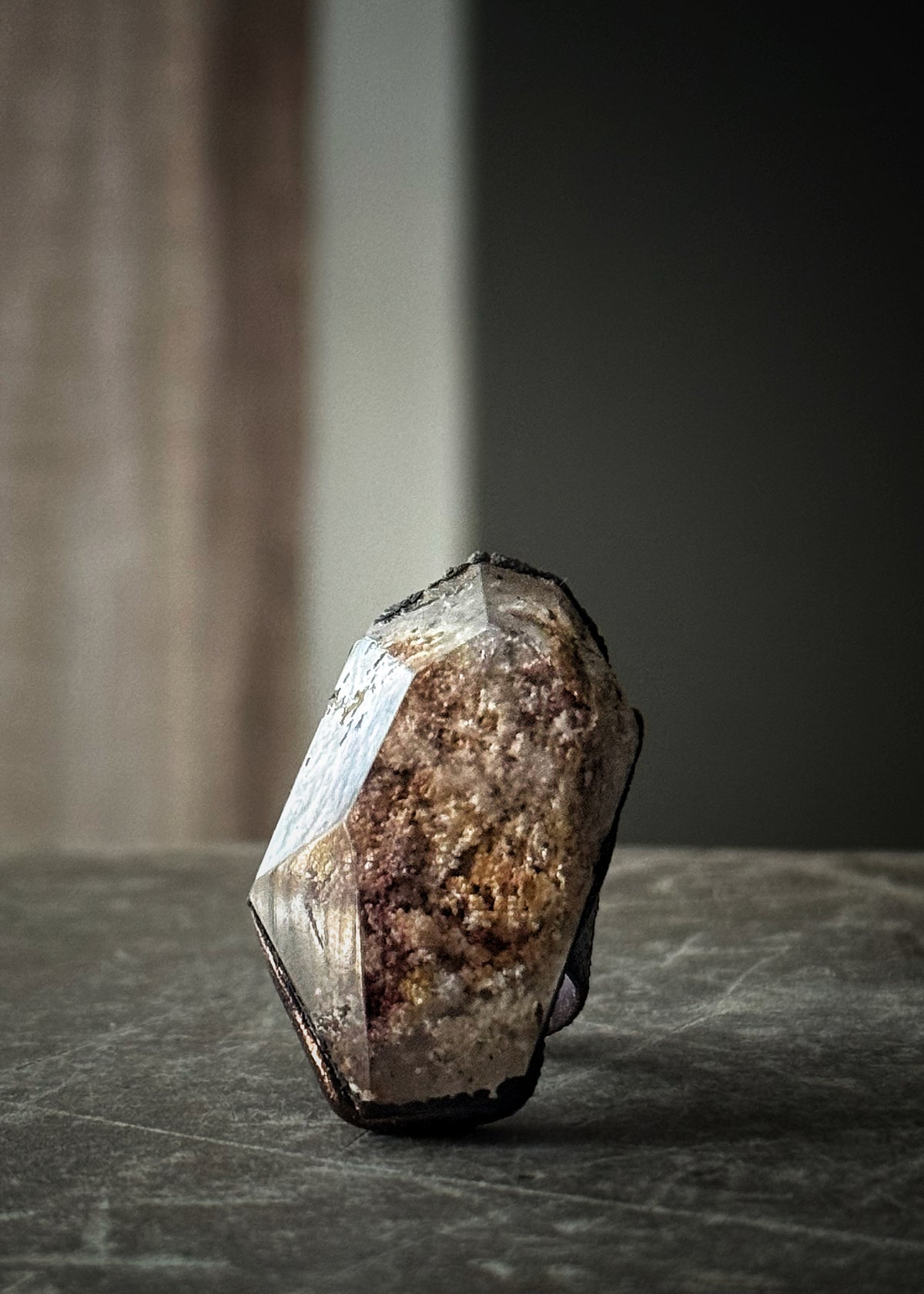 Copper ring with faceted Lodolite Quartz—Size 8 US