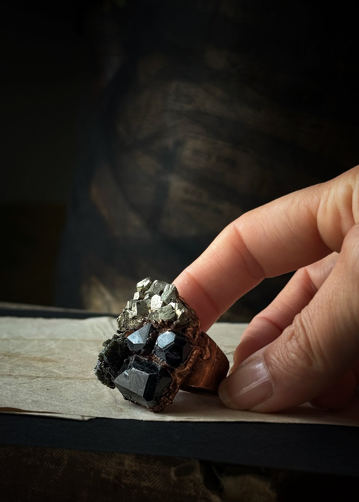 Copper ring with black tourmaline and raw pyrite