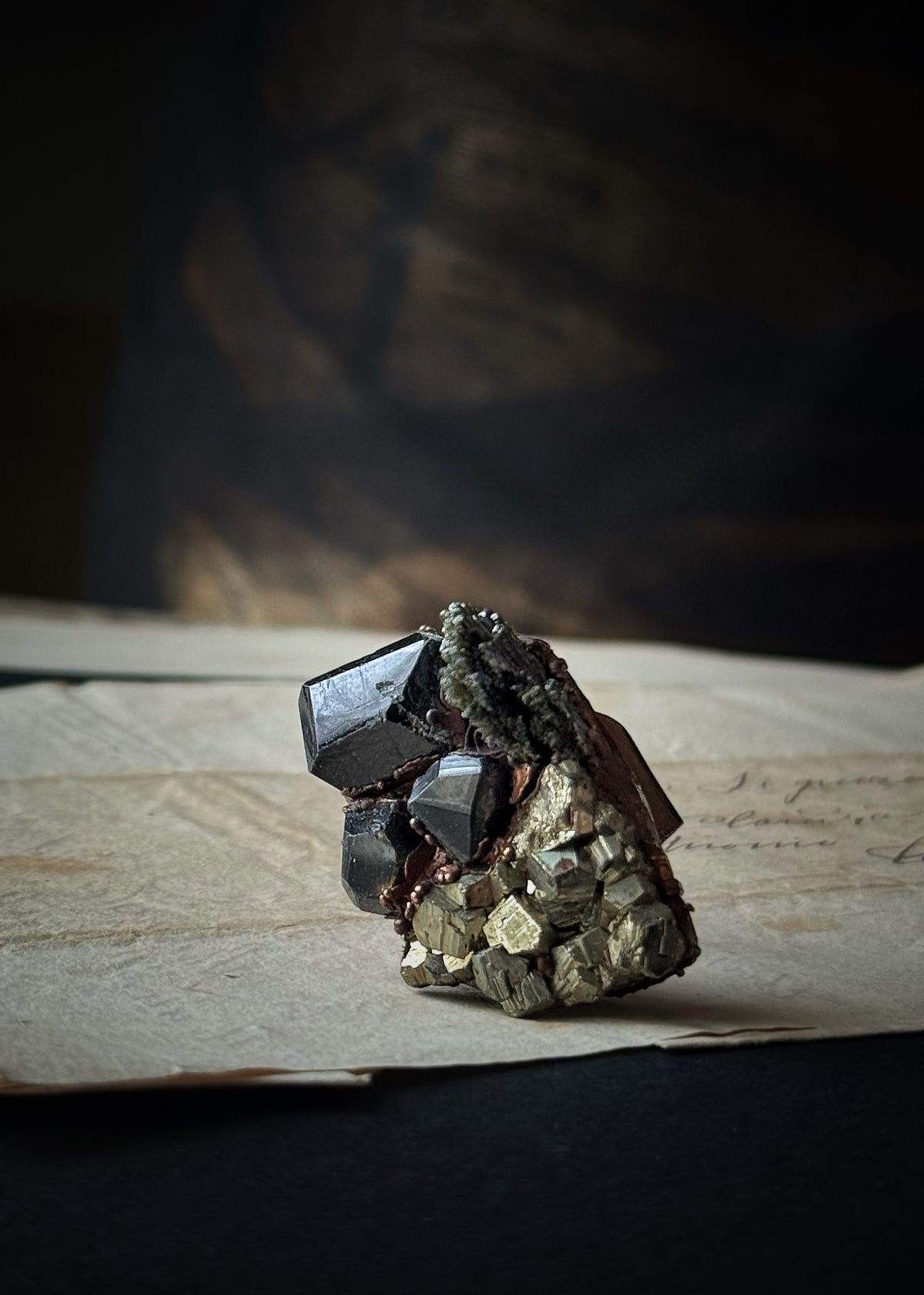 Copper ring with black tourmaline and raw pyrite