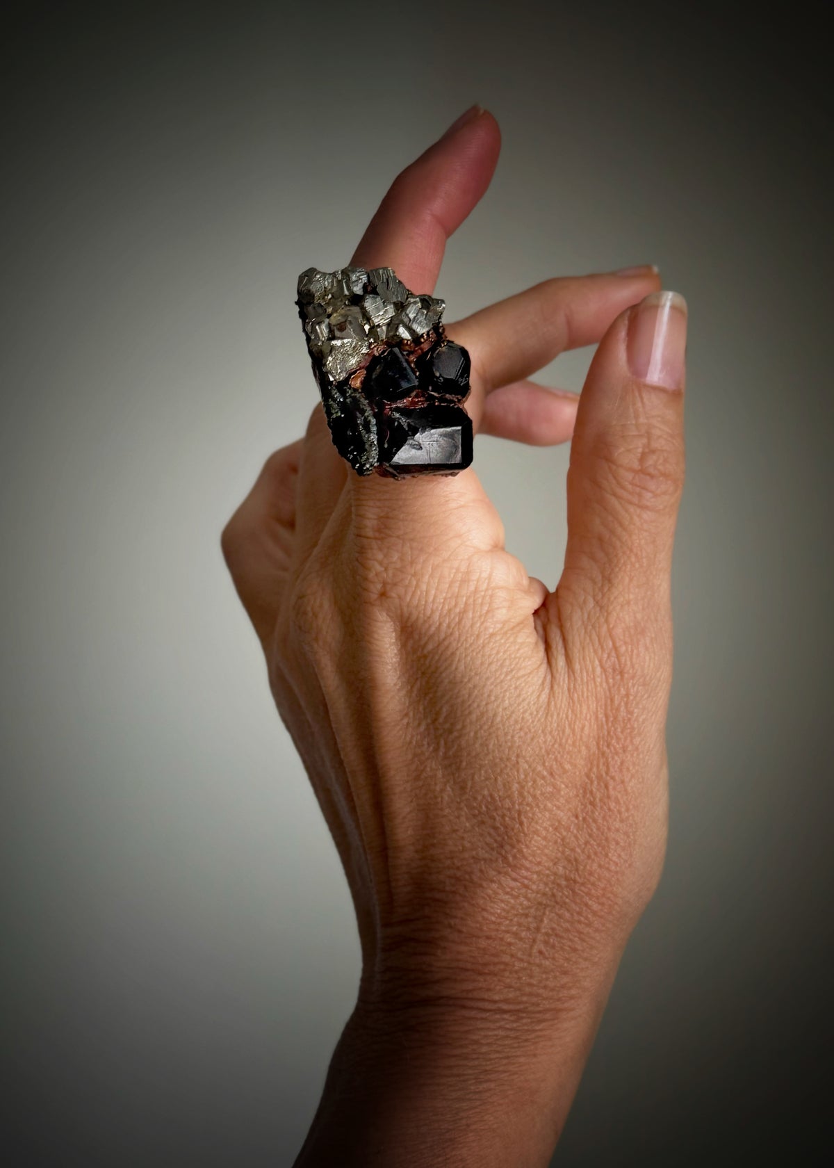 Copper ring with black tourmaline and raw pyrite