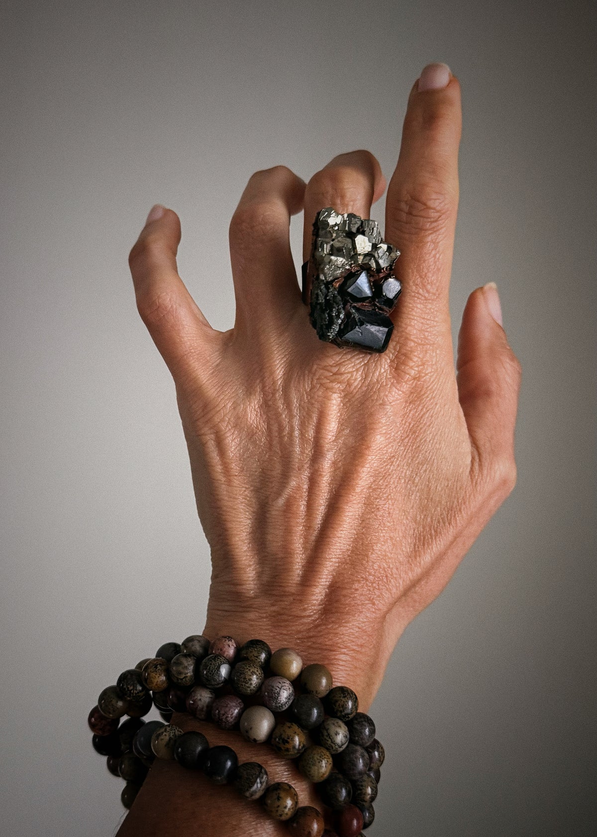 Copper ring with black tourmaline and raw pyrite