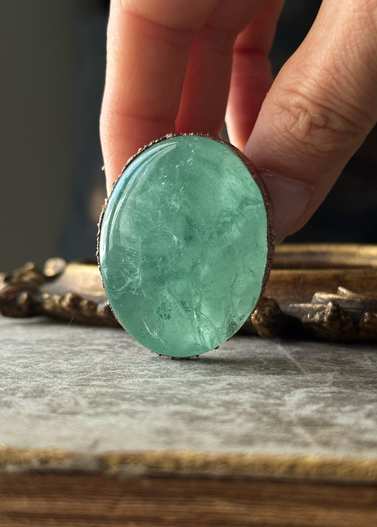 Anello con grande pietra di Fluorite verde Mis. 9