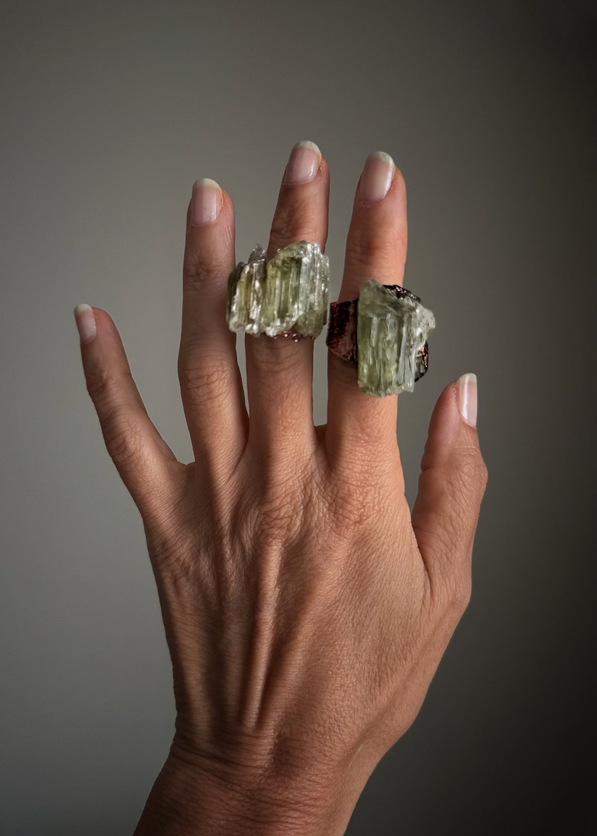 Raw green kunzite copper ring, US sizes 6 and 8