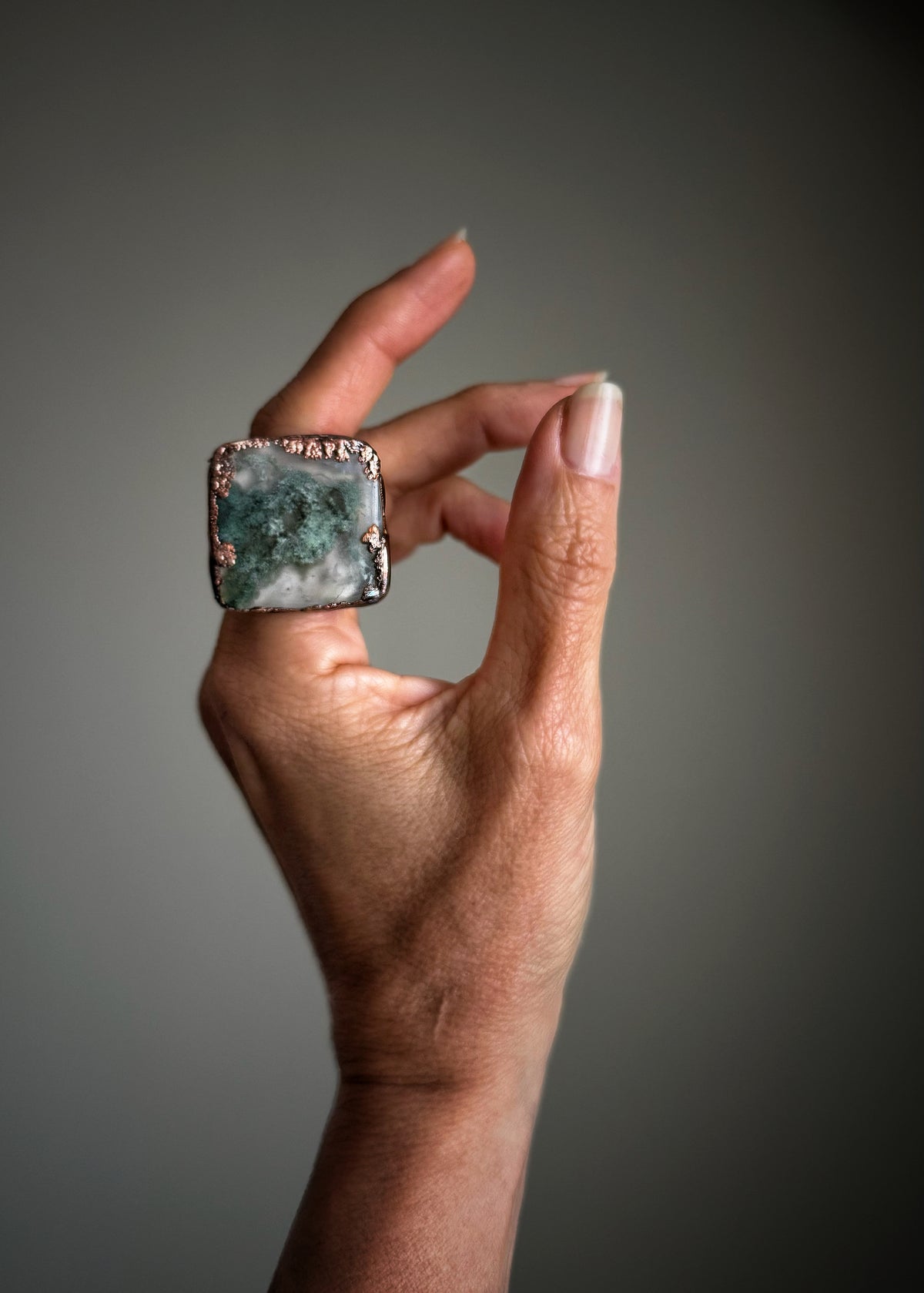 Square moss agate copper ring — Size 9 US
