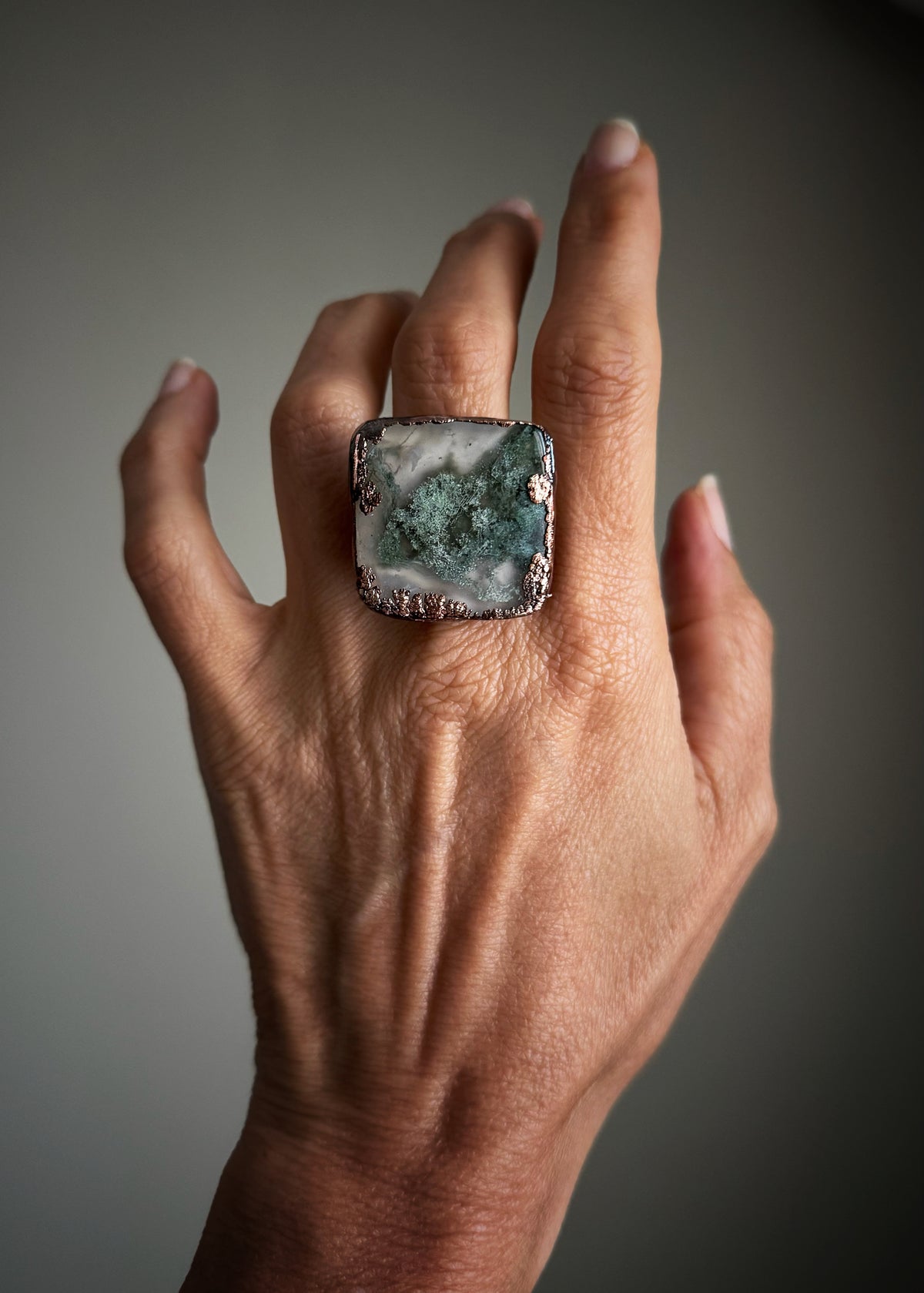 Square moss agate copper ring — Size 9 US