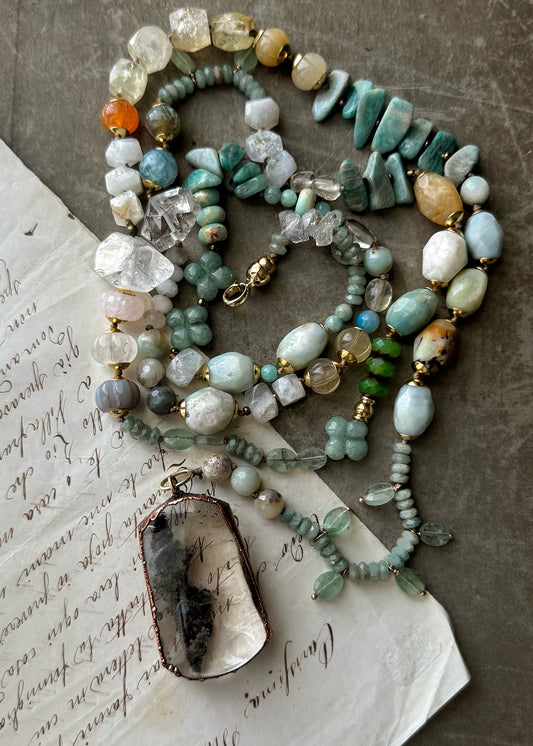 Long Necklace with Lodolite Quartz Pendant – One of a Kind