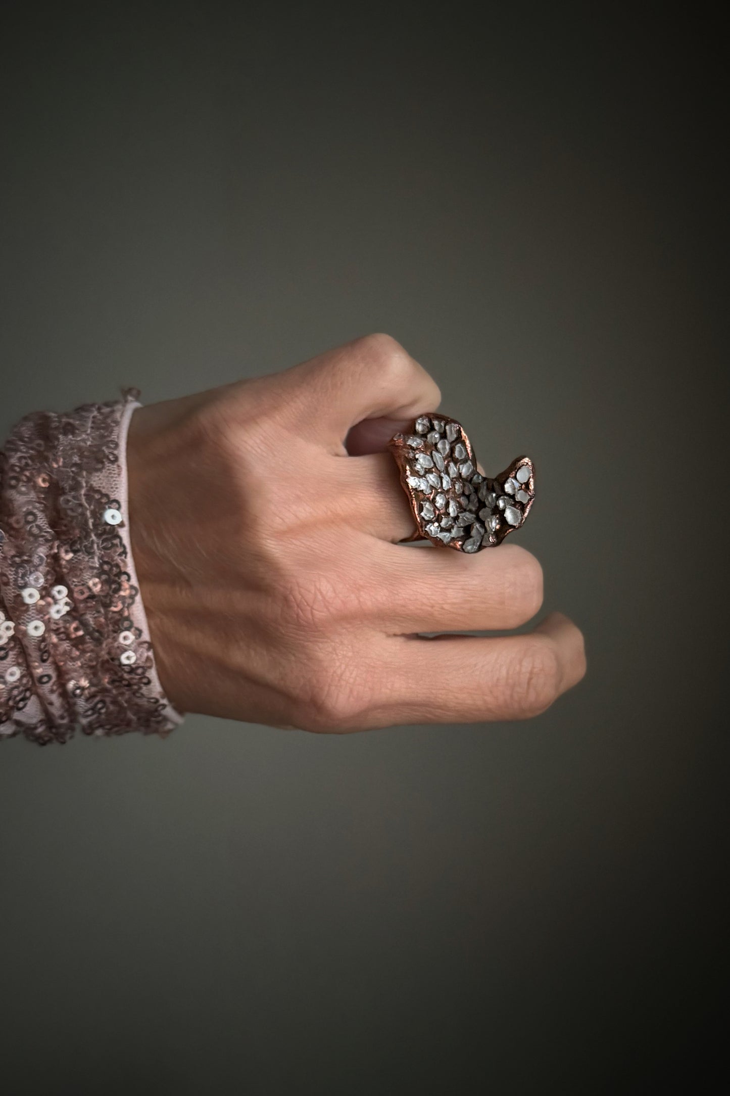 Sculptural copper ring with Herkimer pavé size 6