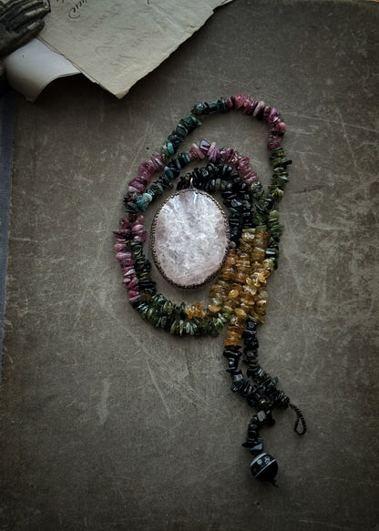 Necklace with raw tourmaline and large rose quartz