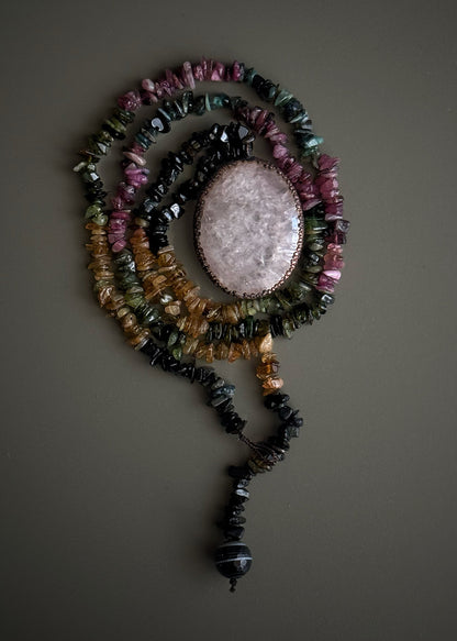 Necklace with raw tourmaline and large rose quartz