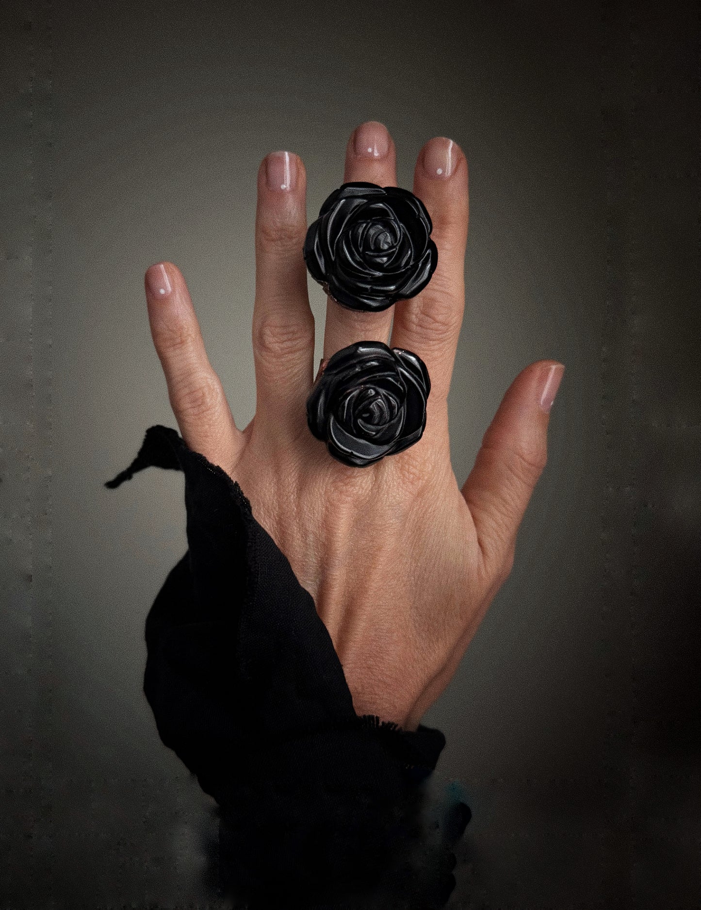 obsidian rose seed Flower-Shaped Copper Ring with Carved Black Obsidian