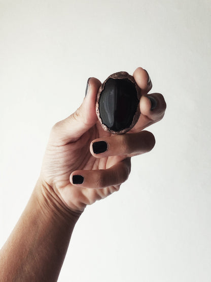 Oval Black Obsidian Wide Band Ring - Gothic Jewelry - size 10