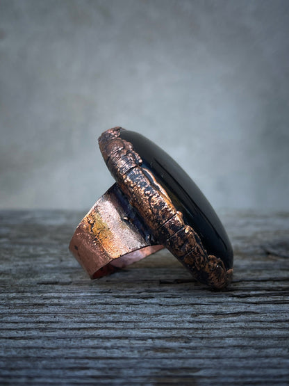 Oval Black Obsidian Wide Band Ring - Gothic Jewelry - size 10