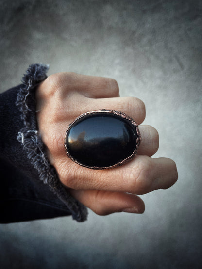 Oval Black Obsidian Wide Band Ring - Gothic Jewelry - size 10