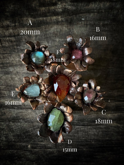 Copper flowers with gemstones. Various sizes
