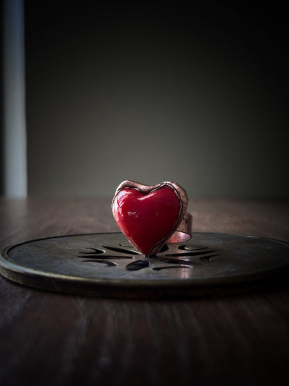 Copper Ring with Red Glass Paste Heart - Sizes 5 to 10 US