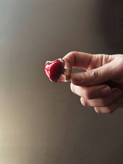 Copper Ring with Red Glass Paste Heart - Sizes 5 to 10 US