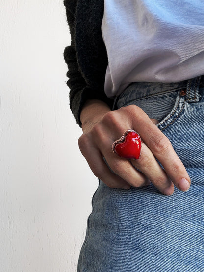 Copper Ring with Red Glass Paste Heart - Sizes 5 to 10 US