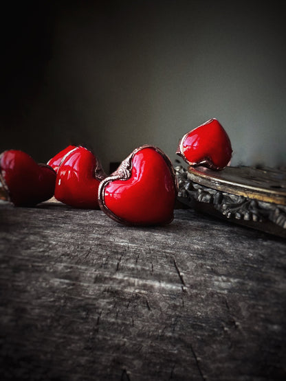 Copper Ring with Red Glass Paste Heart - Sizes 5 to 10 US