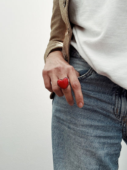 Copper Ring with Red Glass Paste Heart - Sizes 5 to 10 US