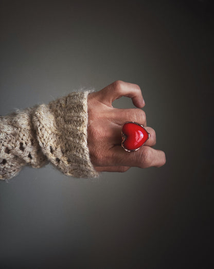 Copper Ring with Red Glass Paste Heart - Sizes 5 to 10 US