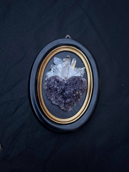 Religious decoration with sacred heart made of amethyst and quartz