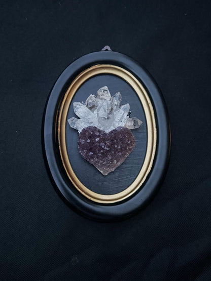 Religious decoration with sacred heart made of amethyst and quartz