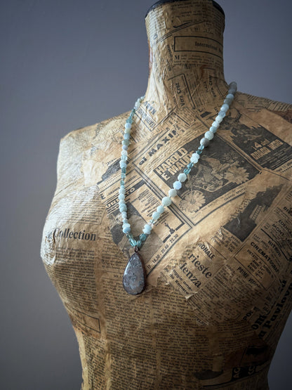 Aquamarine necklace and moss agate pendant