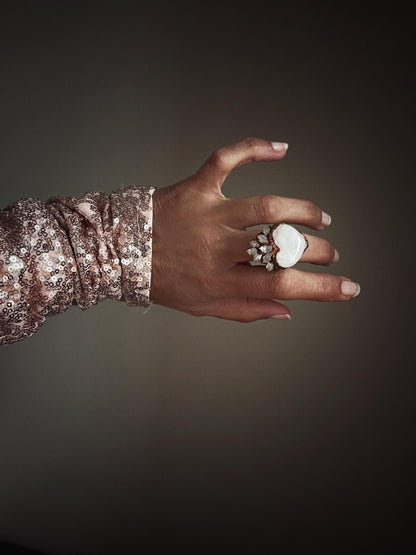 Ex-voto heart ring in quartz and Herkimer diamonds