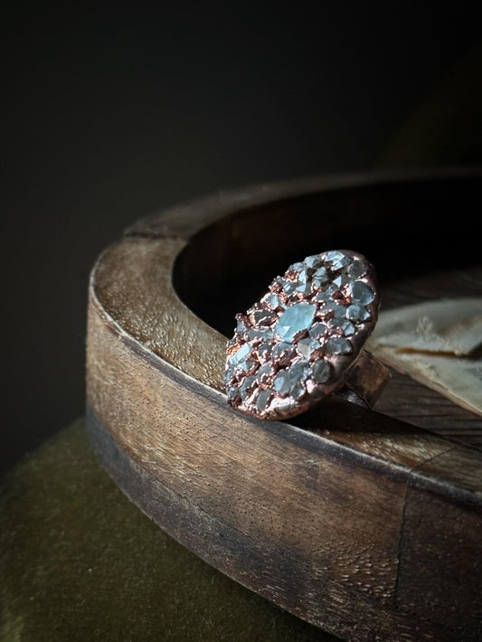Ring with Pavé of Herkimer Quartz and Aquamarine – Size 5