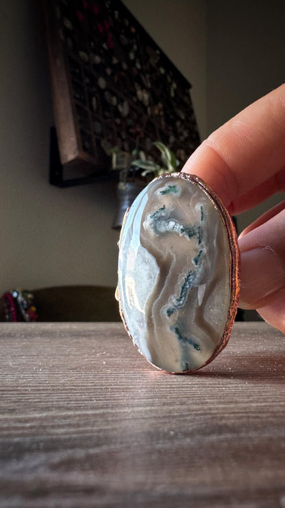 Large rings with Moss Agate stones. Sizes 7-8.