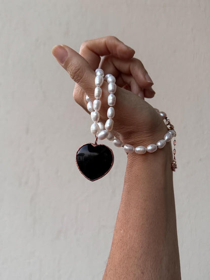 Handmade Keshi Pearl and Black Obsidian Heart Choker Necklace
