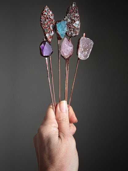 Copper hair pin with precious stones