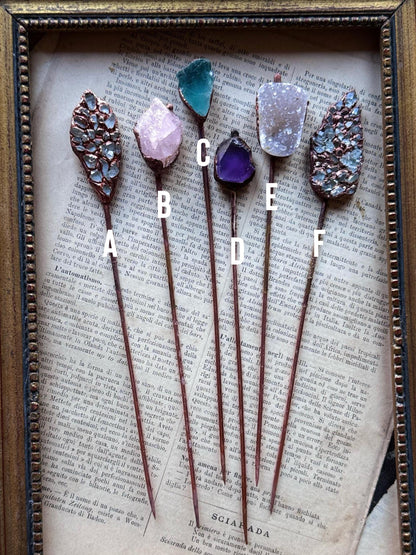 Copper hair pin with precious stones