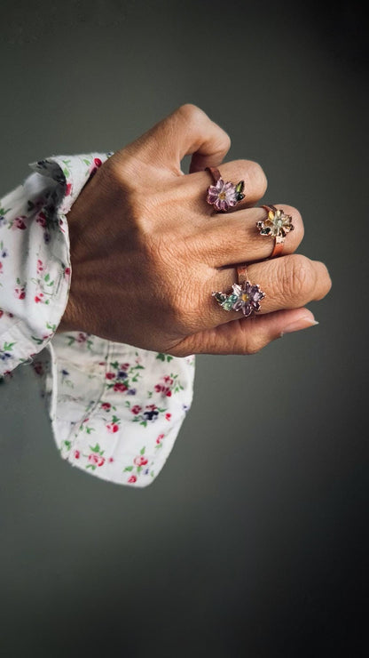 Pink and green tourmaline flower rings