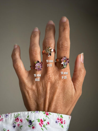 Pink and green tourmaline flower rings