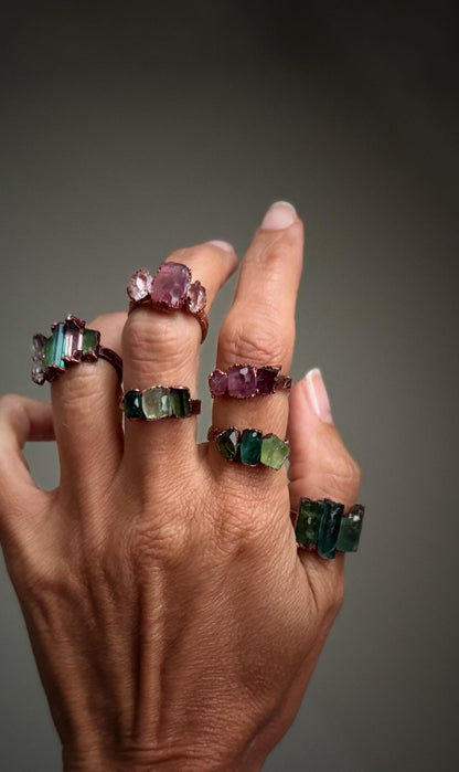 Rings with mixed tourmaline and aquamarine stones