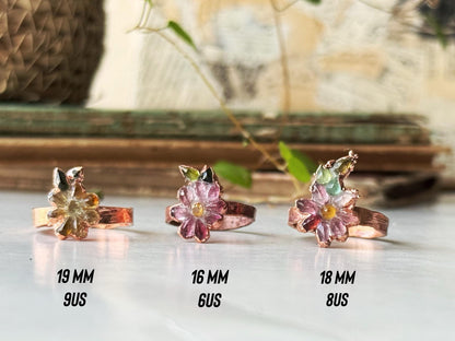 Pink and green tourmaline flower rings