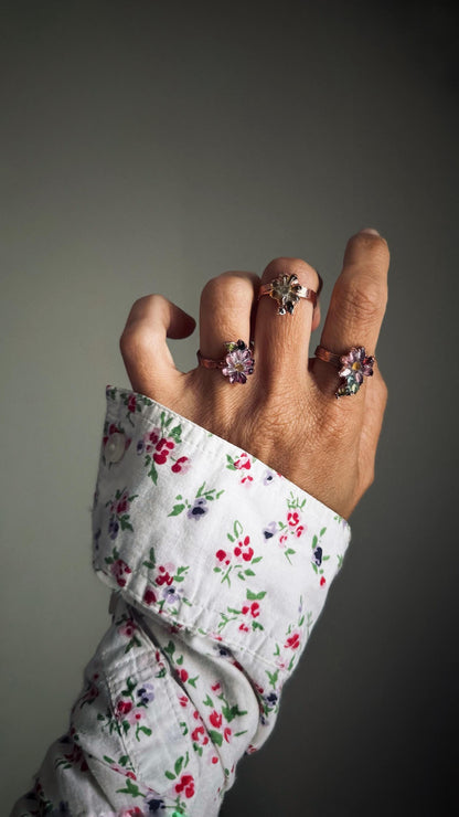 Pink and green tourmaline flower rings