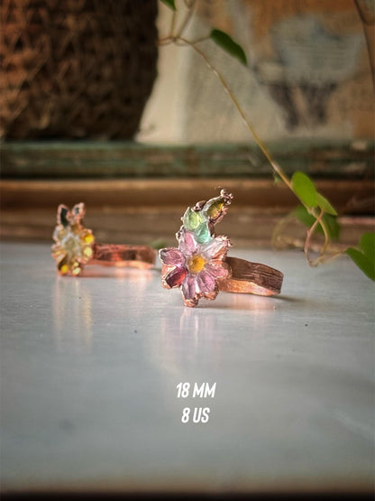 Pink and green tourmaline flower rings
