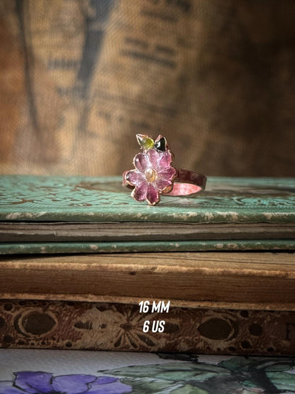 Pink and green tourmaline flower rings