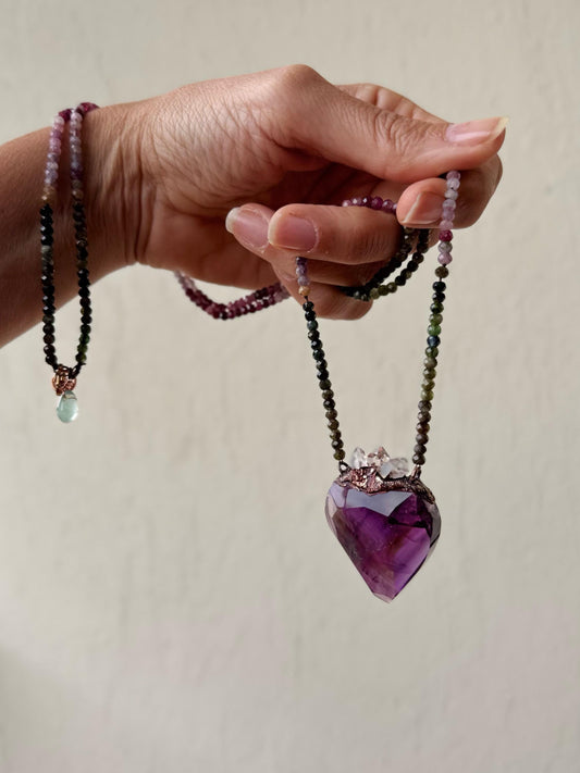 Collana Ex Voto con Ametista Sacro Cuore, Tormalina Multicolore e Diamanti Herkimer
