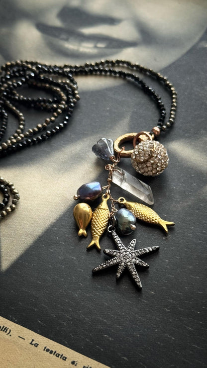 Black Choker with Spinel, Pyrite and Precious Pendants